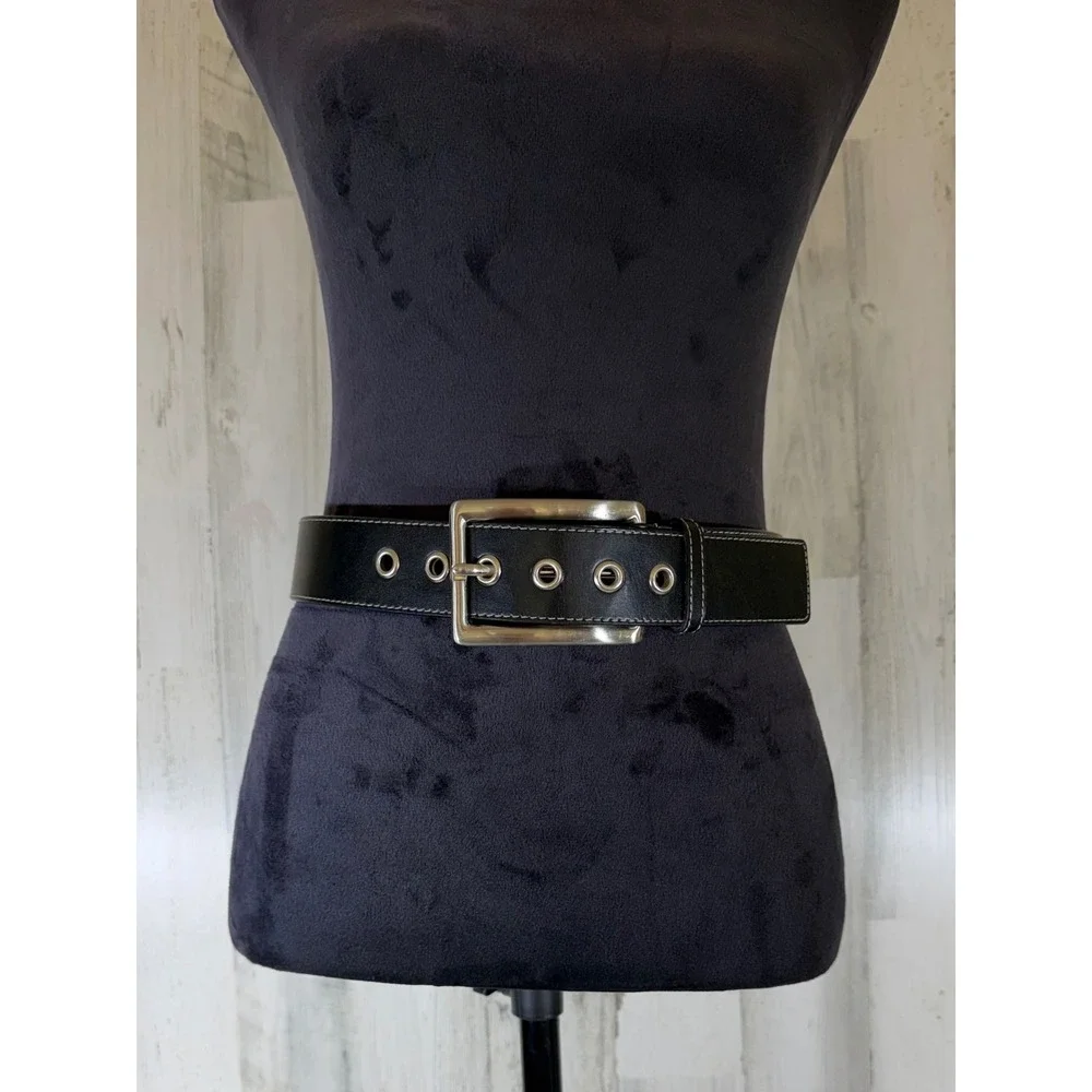 Express Leather Belt Small Black Grommet Silver Buckle Contrast Stitch Y2K Goth